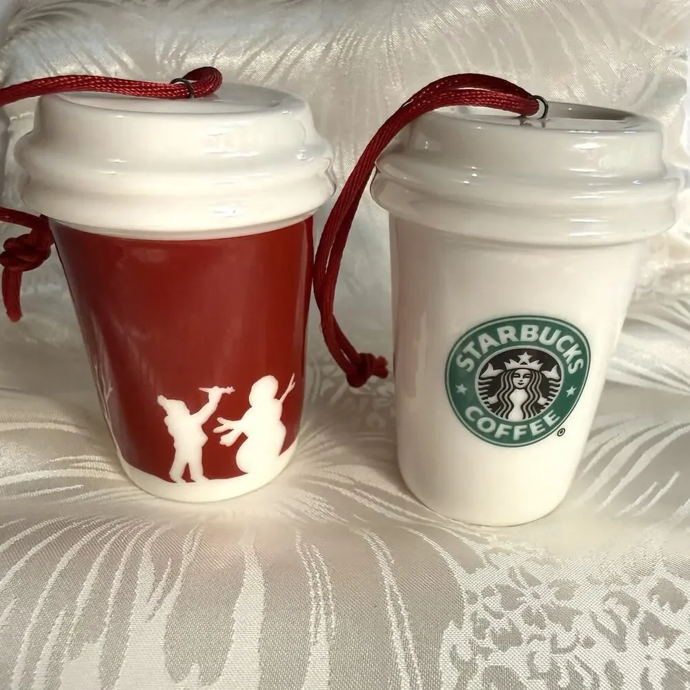 Starbucks 2006 Holiday Christmas Ornaments Set of 2 Travel To Go Cups Ceramic